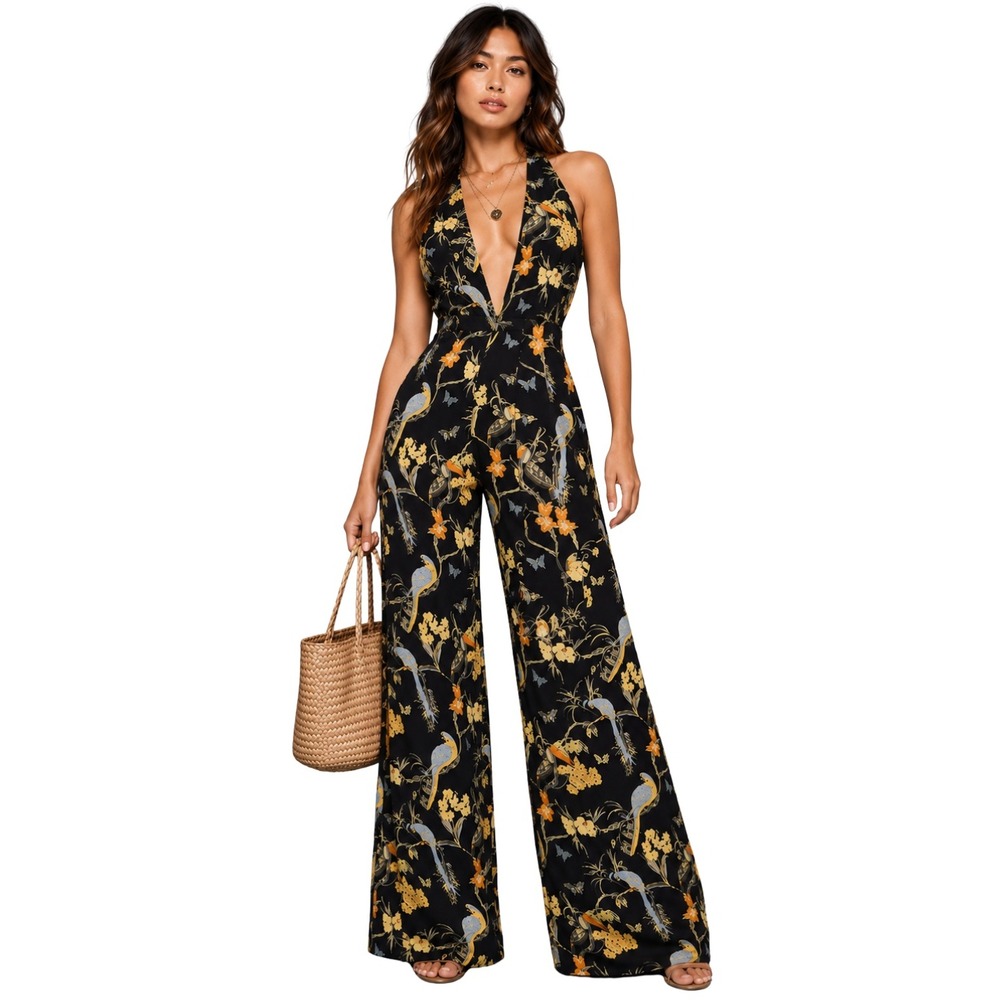 Reformation Jumpsuit Size 6 Lenore Aviary Bird Floral Wide Legโ Halter Open Back